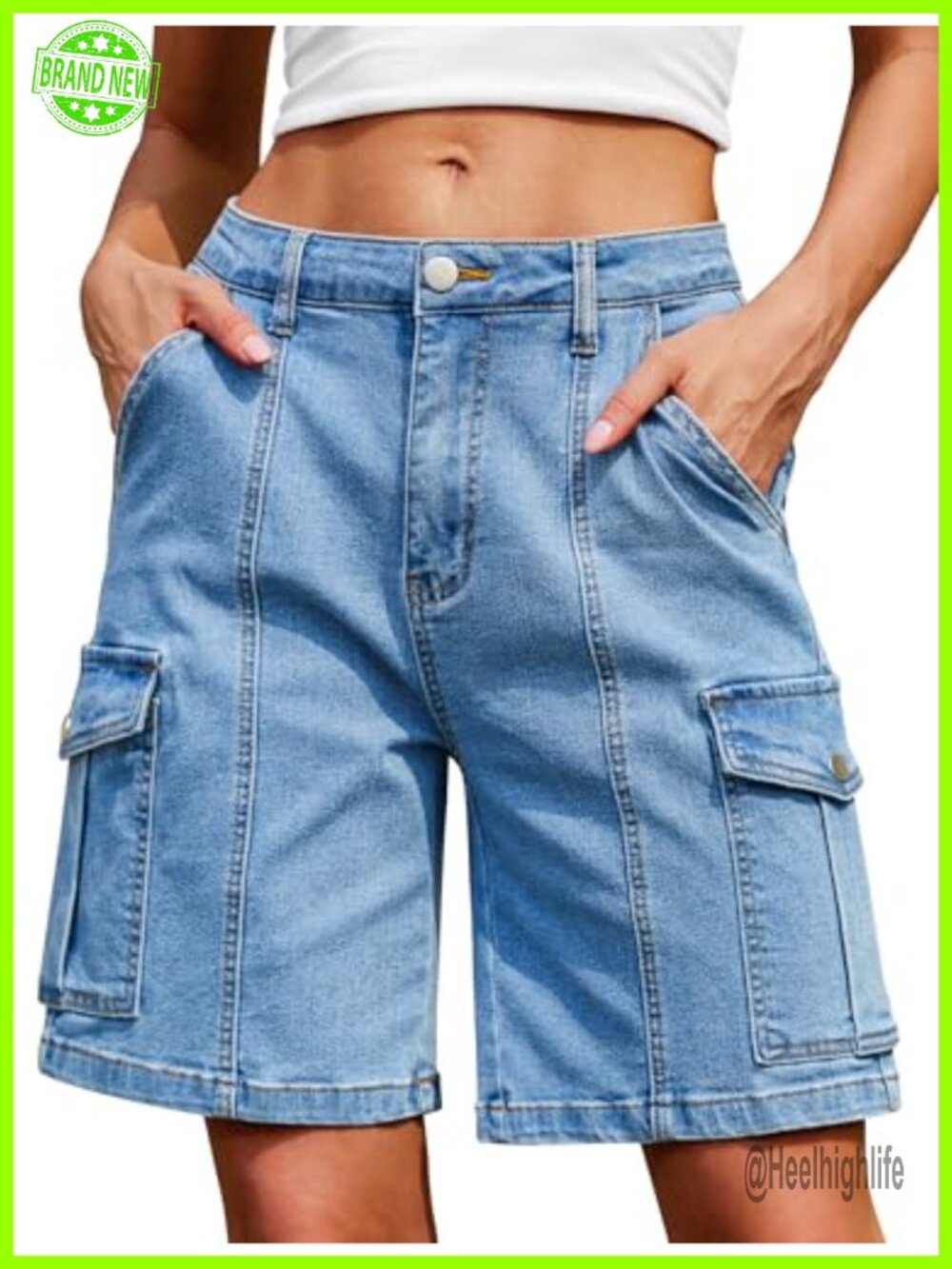 High Waisted Bermuda Cargo Shorts Women Knee Length Denim Jorts 6 Pockets